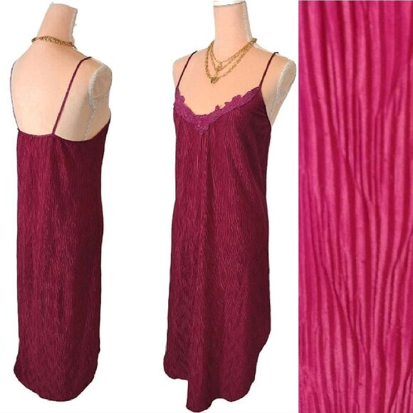 VTG 80s Fuscia Pink Textured Floral Tank Midi Slip Dress Large - Picture 8 of 16